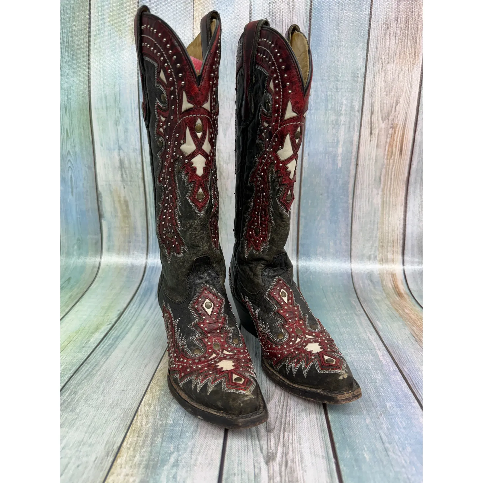Coral Western Cowboy Boots Red Black Overlay Studs Snip Toe Size 5.5 Tall Shaft - Image 4