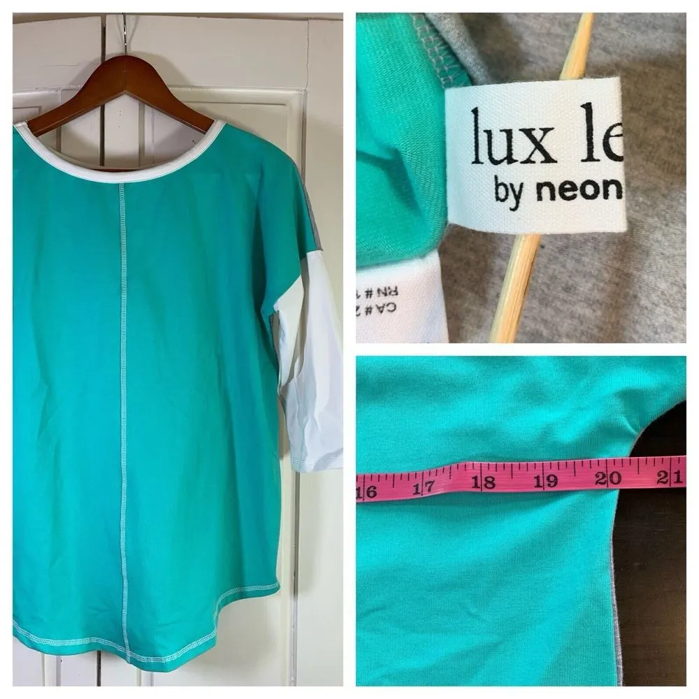 Neon Buddha Shirt‎ Womens Small Turquoise Gray White Color Block Active Top Yoga - Image 2