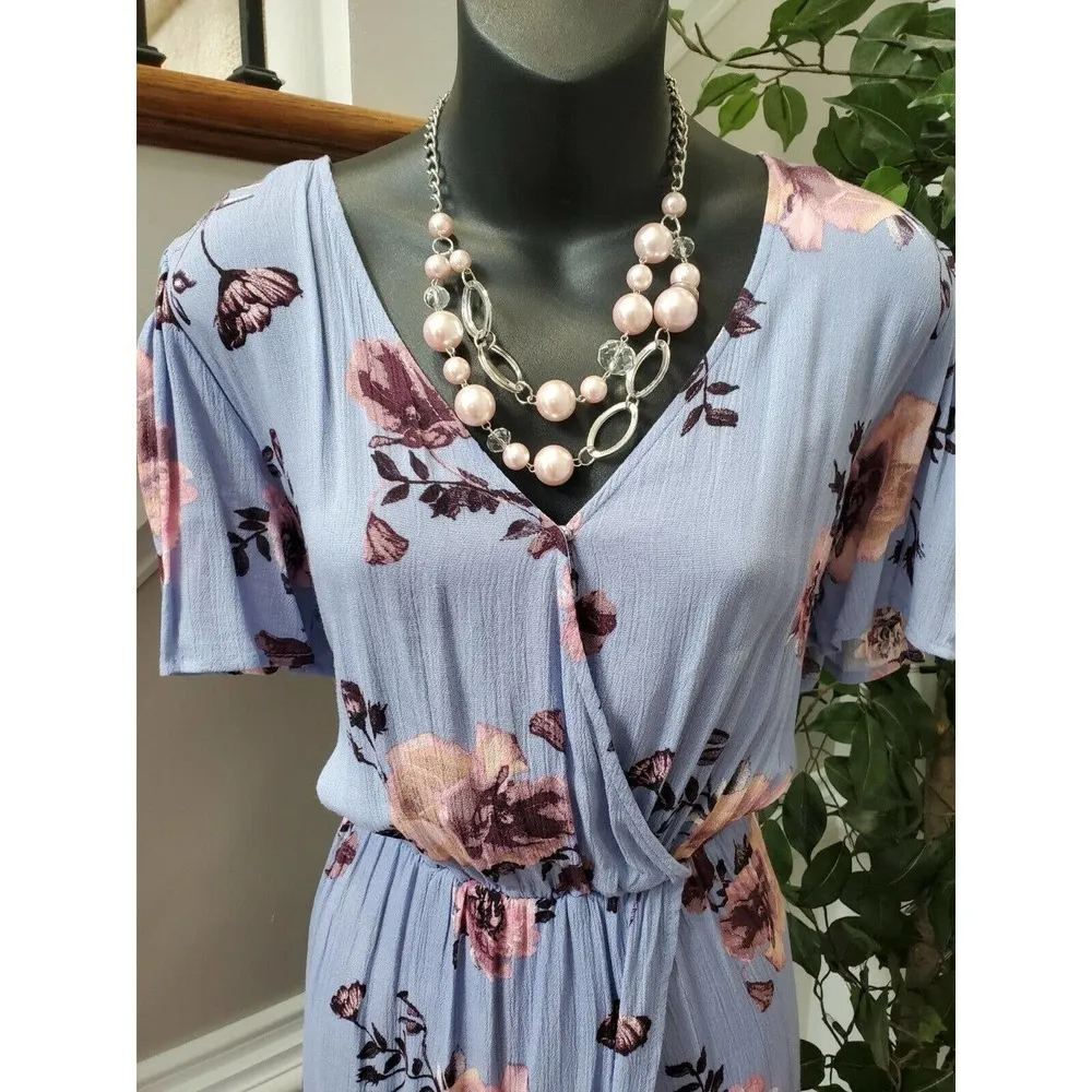 Miami Women's Blue Floral 100% Rayon V-Neck Half Sleeve Romper Dress XS - Image 2