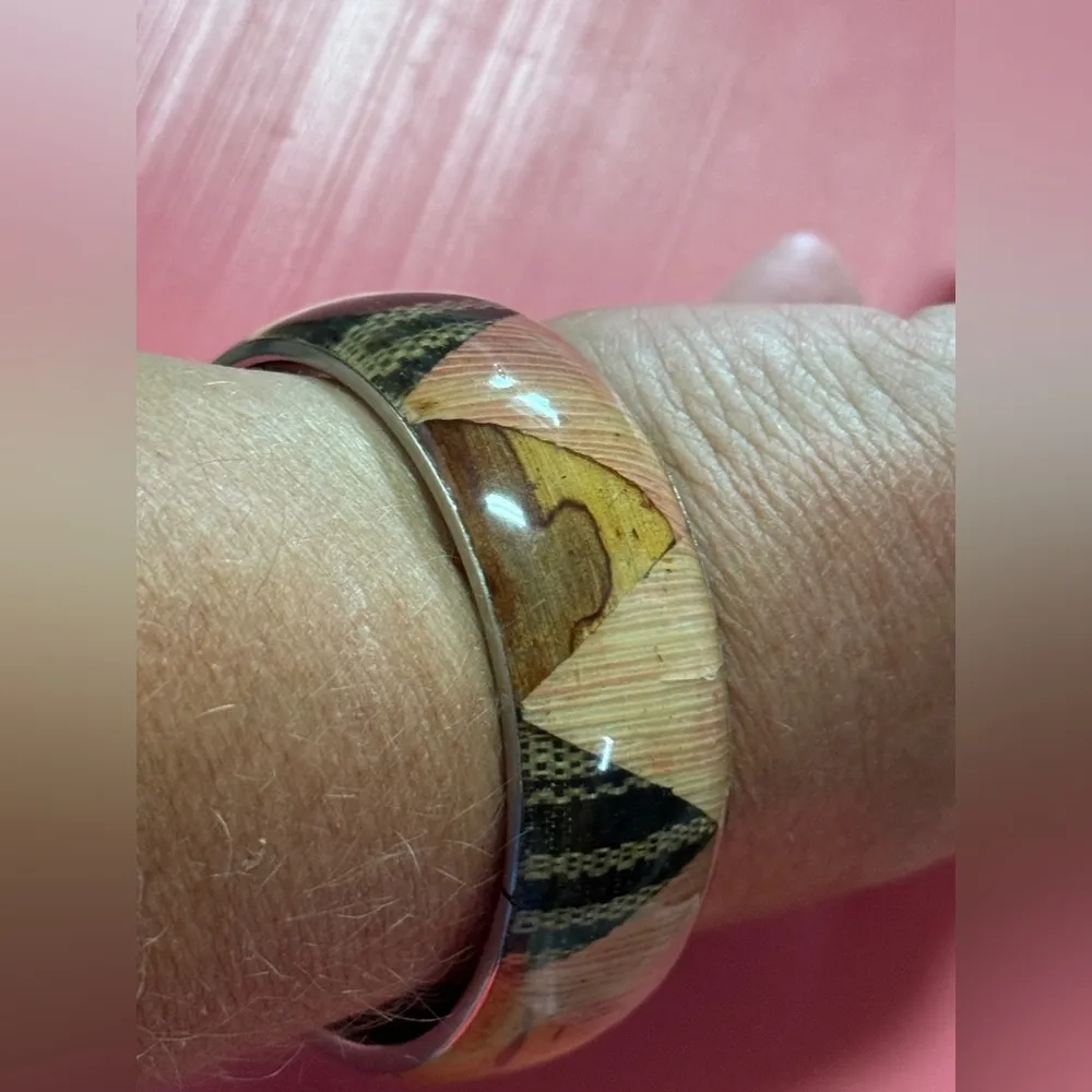 Chunky Geometric Wooden Bangle Bracelet Brown - Image 2