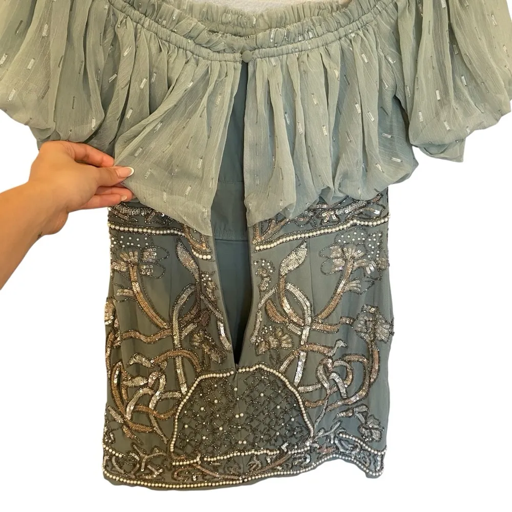 ASOS Design Blouson Bodice Off-Shoulder Mini Dress With Embellished Skirt - Image 9