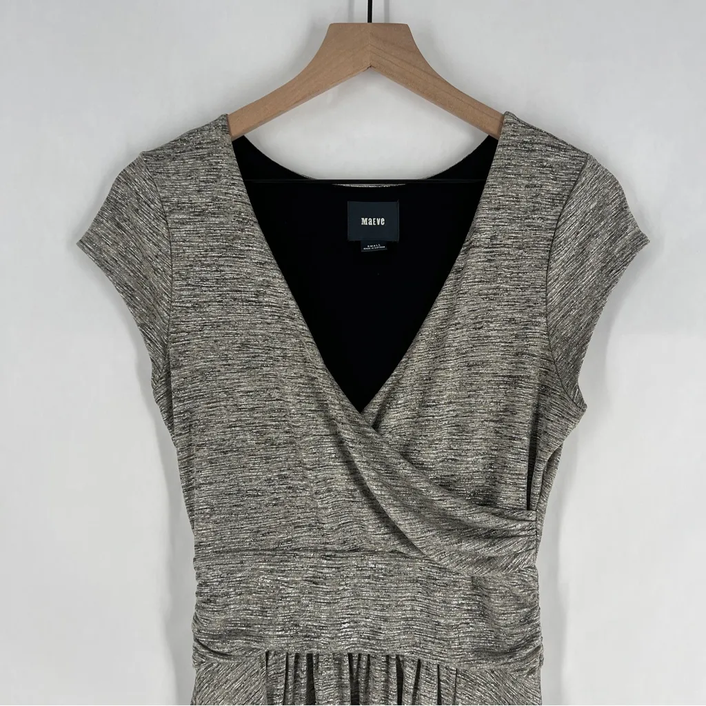 Anthropologie Maeve Tamera Metallic Silver Surplice‎ Faux Wrap Midi Dress Size S - Image 2