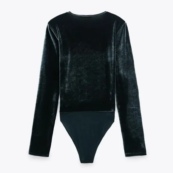 NWT Zara Velvet Shoulder Pad Bodysuit Small - Image 2