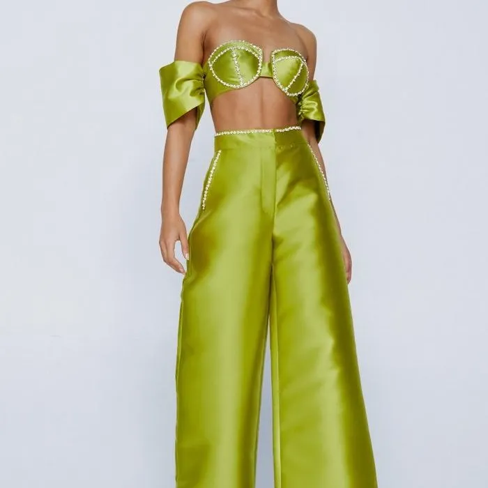 Nasty Gal diamanté Embellished size 6 top & size 8 wide leg pantsChartreuse - Image 7