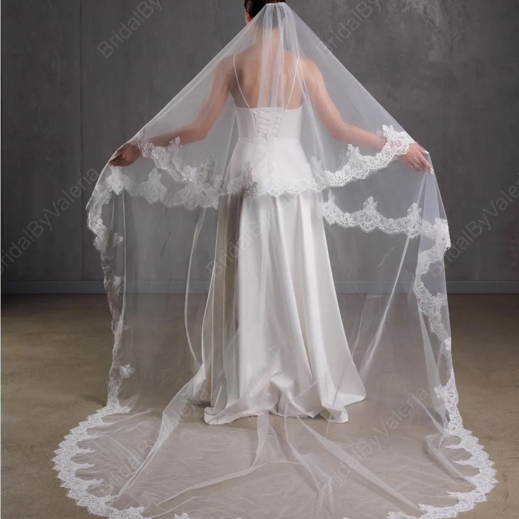 Bright White Cathedral Lace Veil with Blusher - Image 4