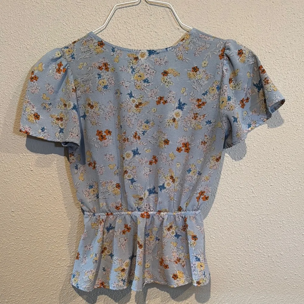 Monteau Blue Ruched Puff Sleeve Peplum Blouse - Image 3