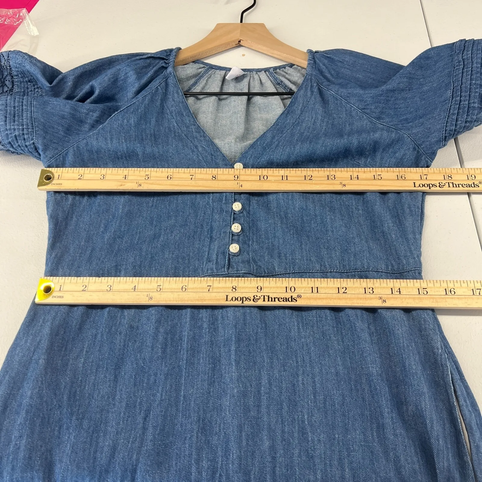 Old Navy Maxi Dress Womens XS Blue Denim Cotton Split Neck Short Puff Sleeve - Image 14
