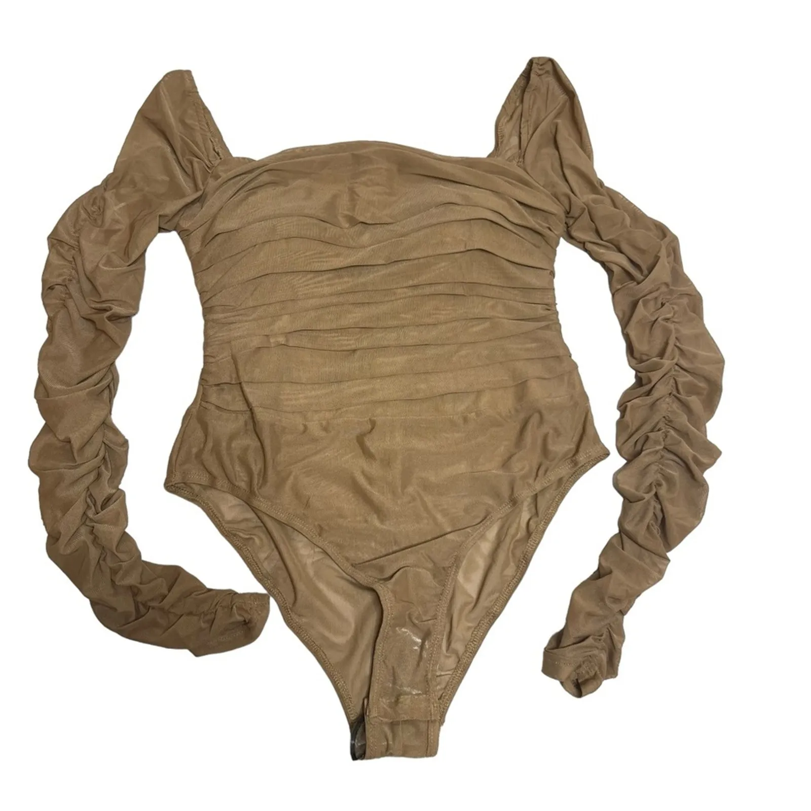 NWT Princess Polly Delaney Mesh Ruched Long Sleeve Bodysuit SZ 10 beige - Image 6