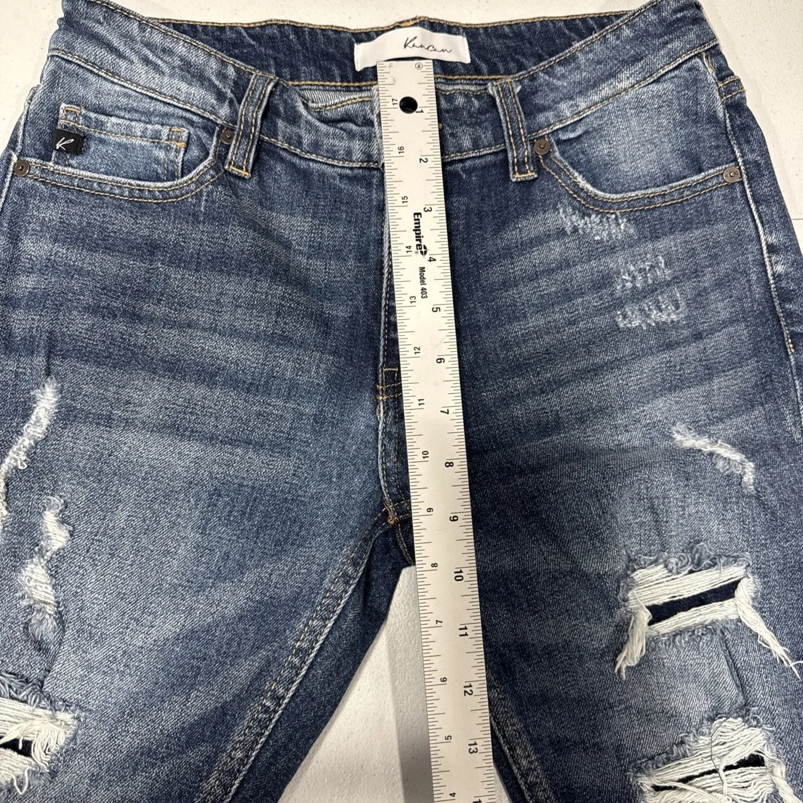 KanCan Women's Distressed Mid Rise Skinny Jeans Size 26 Denim Raw Hem Destroyed Blue - Image 10