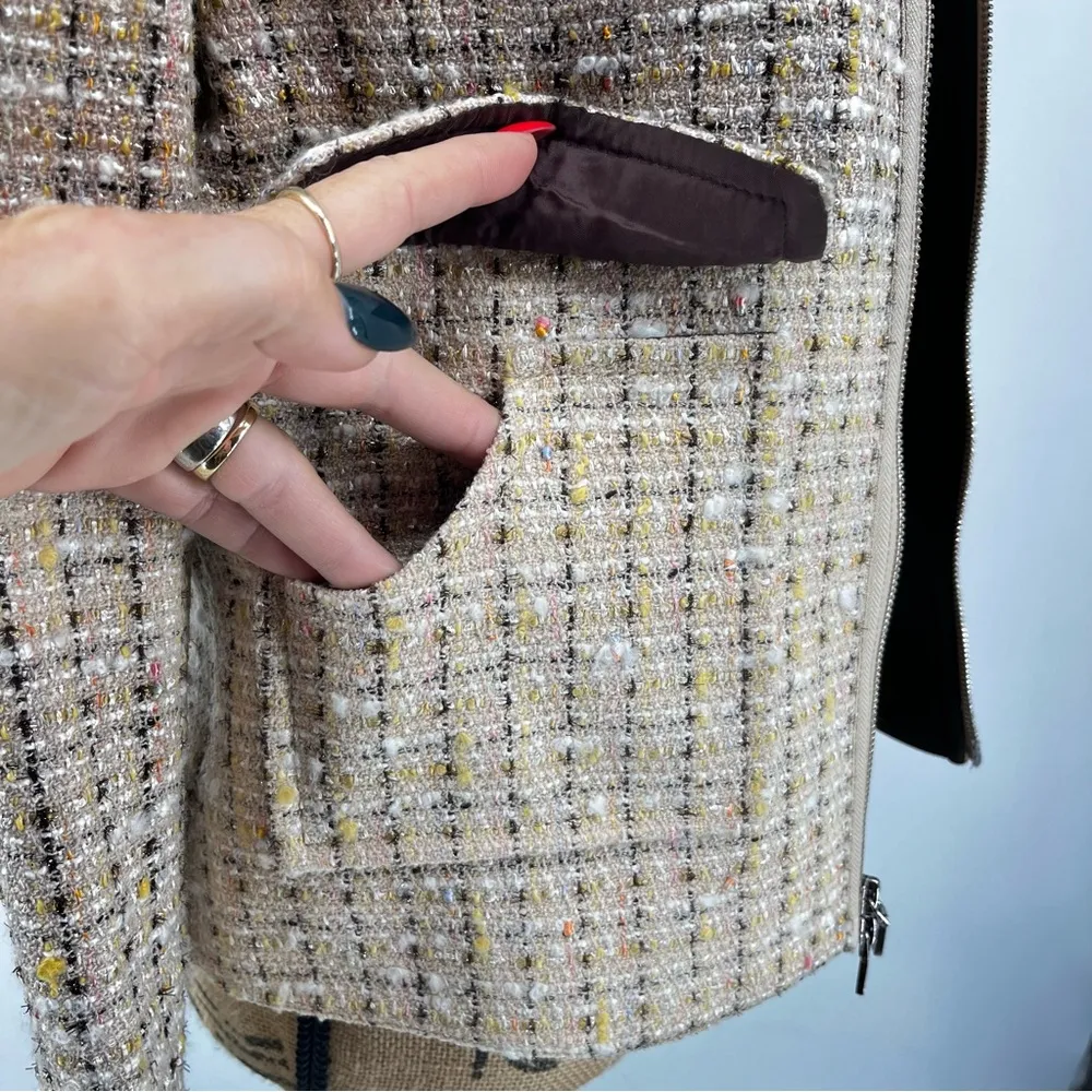 Tory Burch Tweed Boucle Tan Zip Front Jacket Blazer Tan Brown Sz 8 Luxury Preppy - Image 7