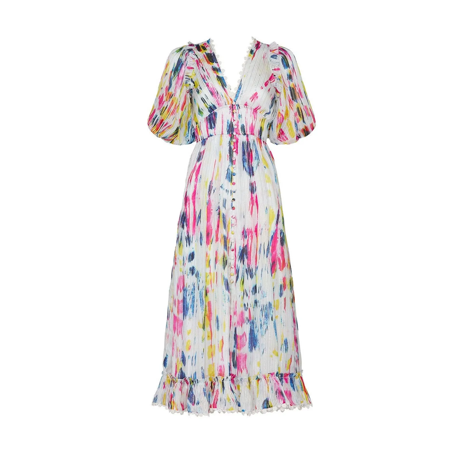 Hemant & Nandita Jorah Multicolor Tie Dye Print V-Neck Puff Sleeve Midi Dress S - Image 4