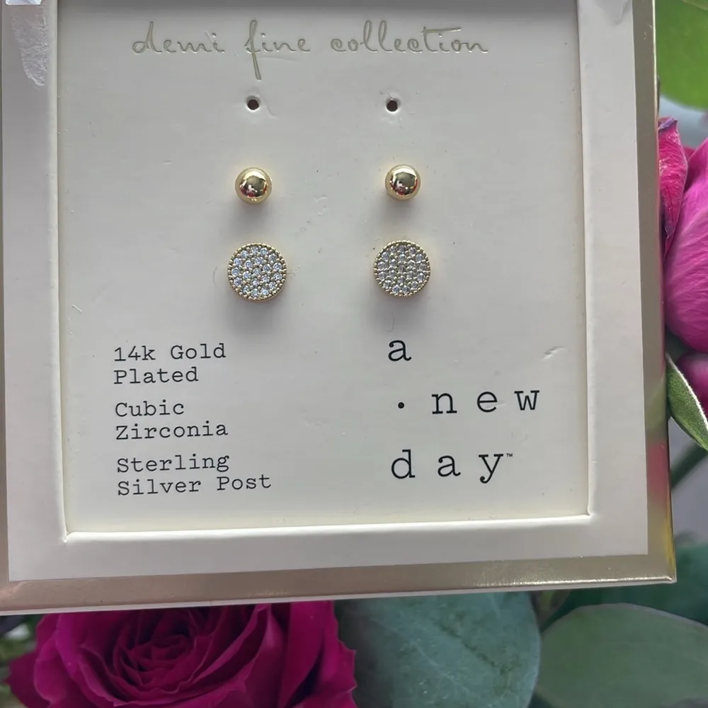 A New Day earrings 14k Gold Played Cubic Zirconia fashion Jewelry New 2 pairs - Image 2