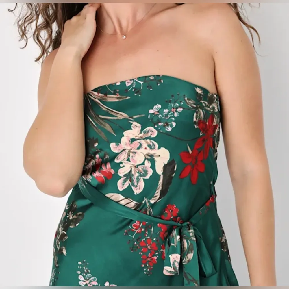 Lulus Floral Print Satin Strapless Green Midi Dress Size S - Image 2
