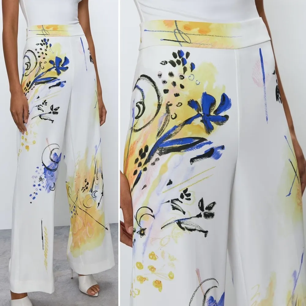 NWT Babaton Lincoln high waist rise wide leg pant white yellow blue abstract 4 - Image 2