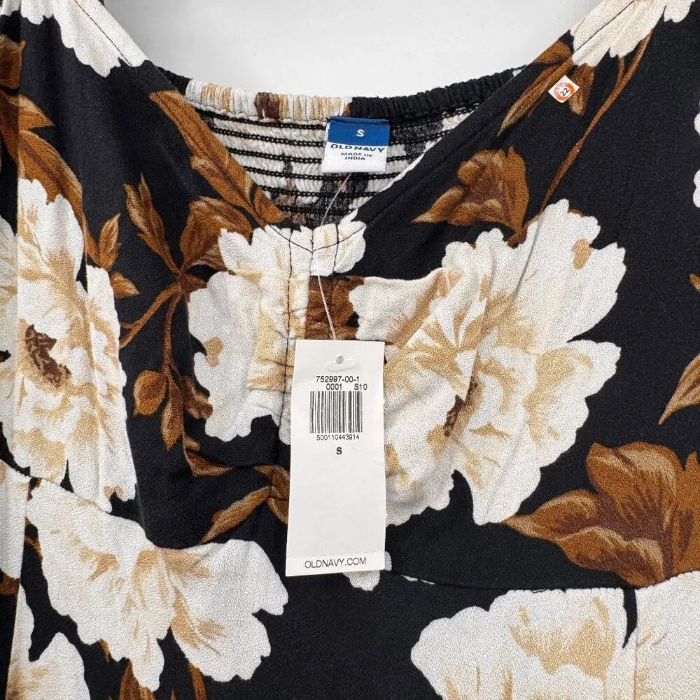 Old Navy Fit & Flare Jumpsuit Womens Small Black Floral Rayon Flutter Sleeve NEW - Image 6