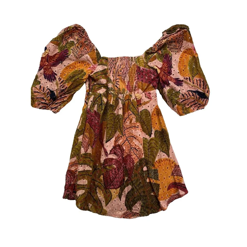 Kourt Robbie Eyelet Cotton Mini‎ Dress Tropical Print Sz XS Puffy Sleeve - Image 10