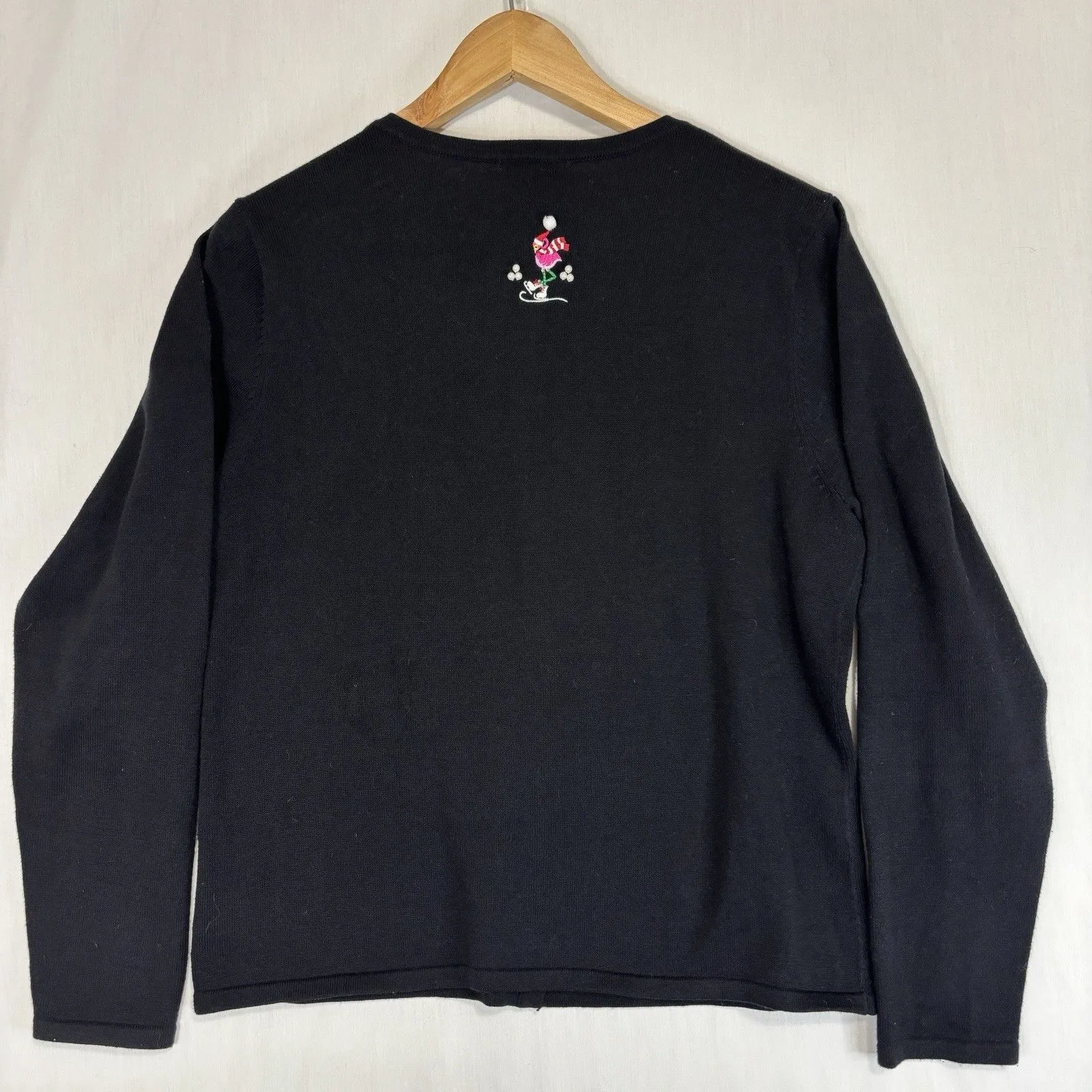CB Career Ugly Christmas Sweater Cardigan Flamingo Womens L Career Holiday Party Black Size L - Image 3