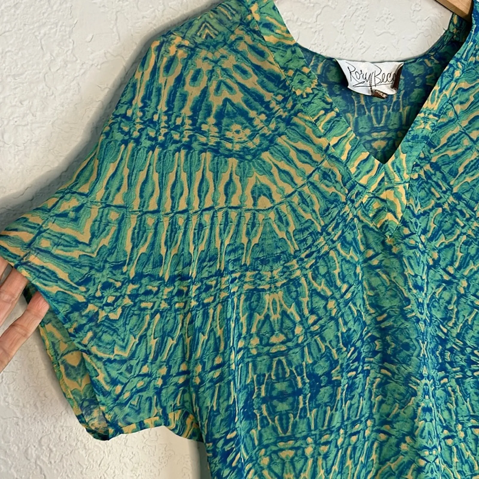 Rory Beca Artsy Watercolor Coverup Dress Semi Sheer Mini Green Resortwear - Image 3