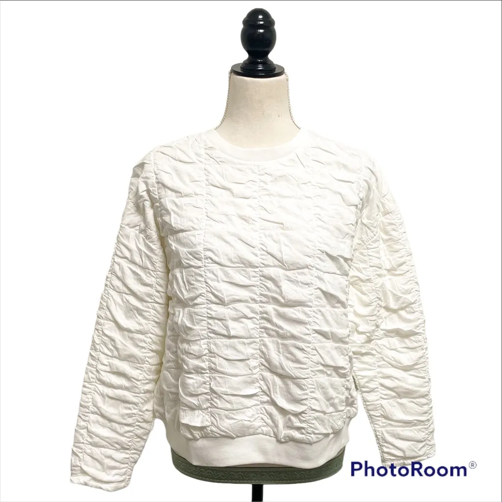 Mango MNG Ivory Quilted Wrinkled Pullover Long Sleeve Oversized Top NWT Small - Image 2