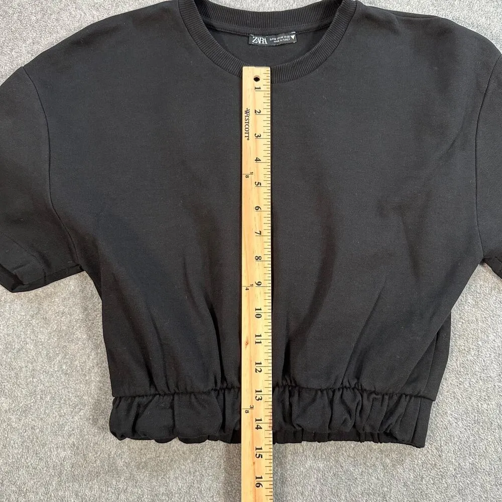 Zara Black Cropped Top Womens Medium Short Sleeve Crew Neck Elastic Waist Lounge - Image 4