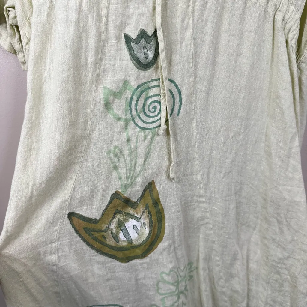Blue Fish Vintage Midi Dress Womens Size 1 Yellow Linen Hand Painted Artsy 1999 Size L - Image 12