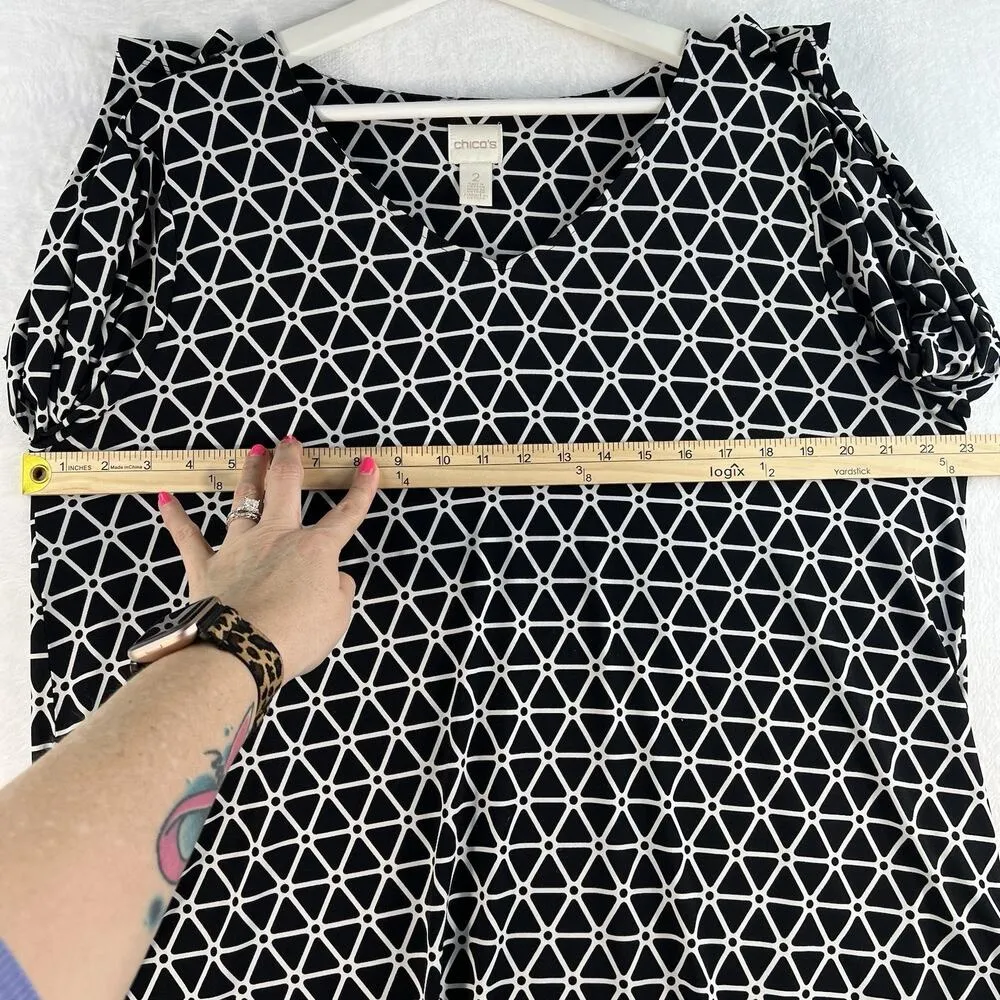 Chico’s 2 US L 14 Tunic Top Black Geometric Print V-Neck 3/4 Sleeve Slinky Shirt - Image 9