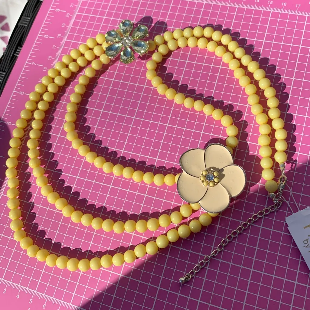 PANNEE by Panacea Elegant yellow Beads Necklace beige crystal flower 3 layer 34” - Image 8