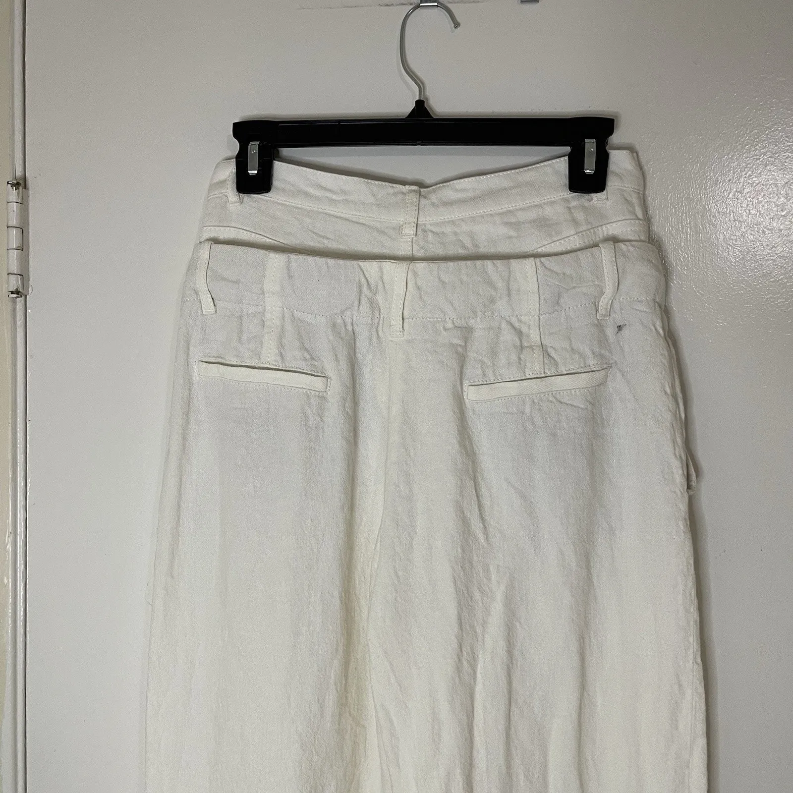 Zara Double Waistband linen blend off white ivory wide leg pants small - Image 6