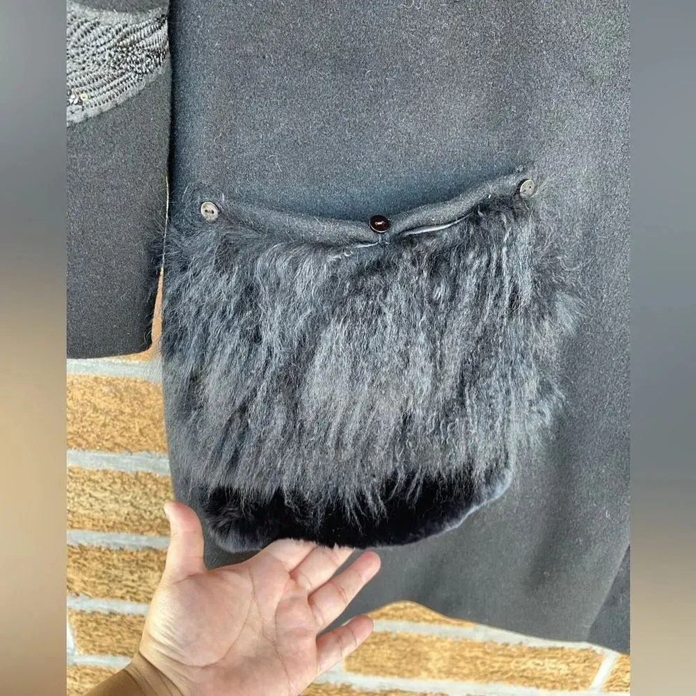 Kobi Halperin X Erte Anisa Fox and Rabbit Fur Combo Coat w/ Crystal Brooches L Black Size L - Image 12