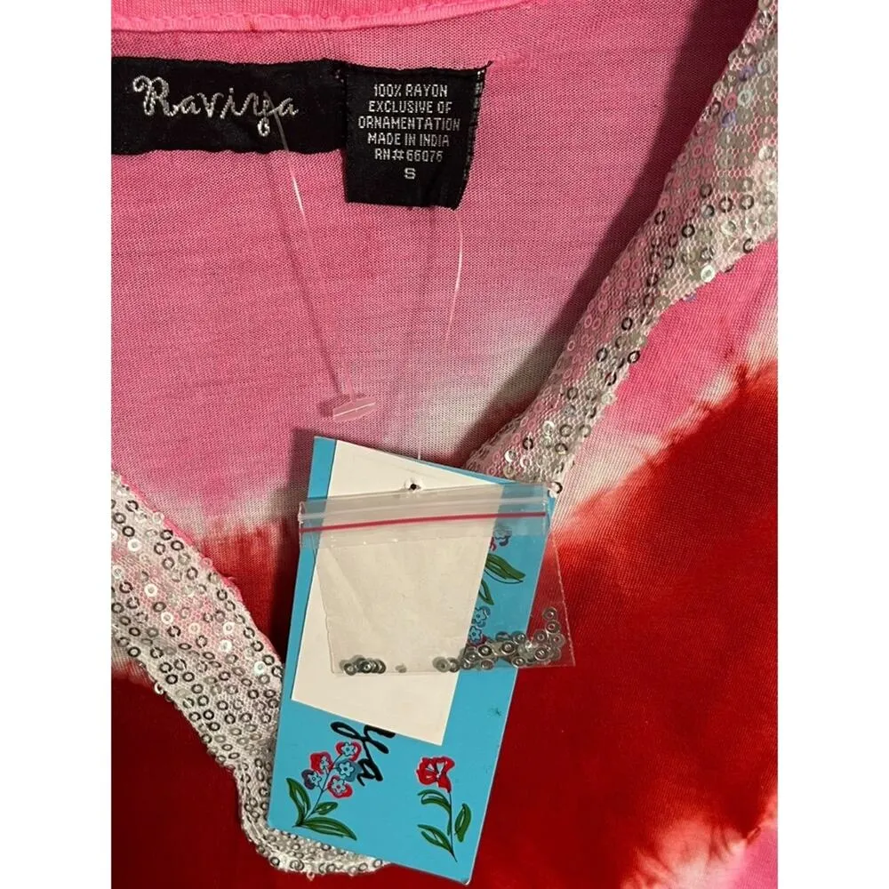 Raviya Swim Coverup Womens Small Red Pink Tie Dyed Sequin Neck Lower Sleeve New - Image 3