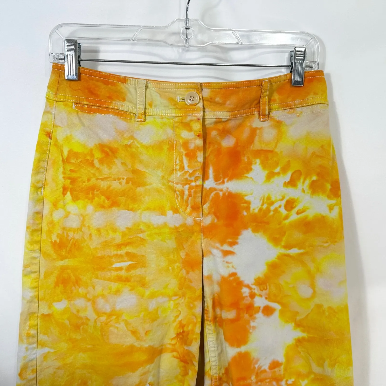 Talbots Size 2P Pants Wide Leg Crop Handmade Tie Dye Chino Yellow‎ Orange 368 - Image 5