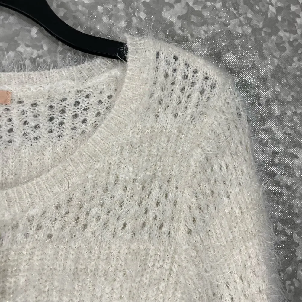 Gibson Latimer White & Metallic Thread Open Weave Sweater - Size Medium - Stripe - Image 2