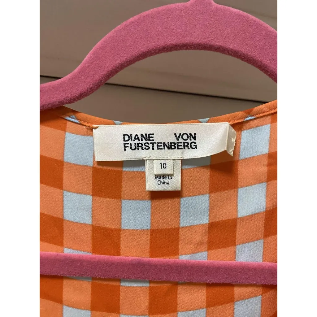 Diane von Furstenberg Dress Womens 10 Orange Blue Gingham Wrap Ruffle Midi - Image 3