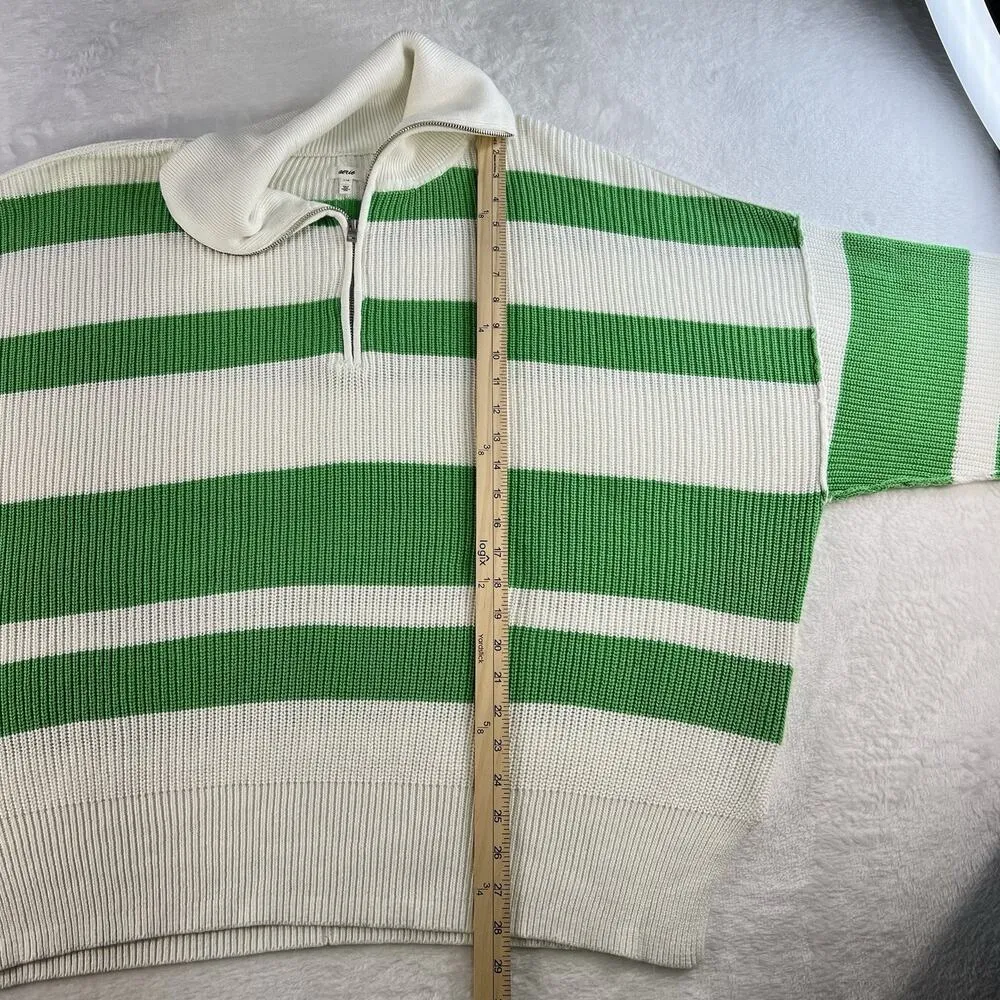 Aerie L Large Oversized Beyond Quarter Zip Sweater Knit Polo Green Stripe Womens - Image 13