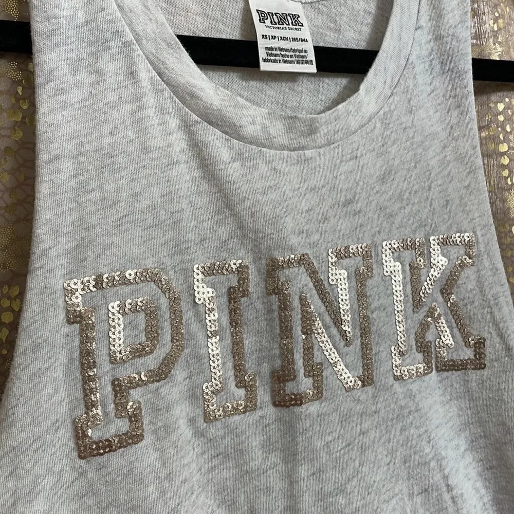 VS PINK light gray tanktop, matte rosegold sequin bling, XS - Image 2