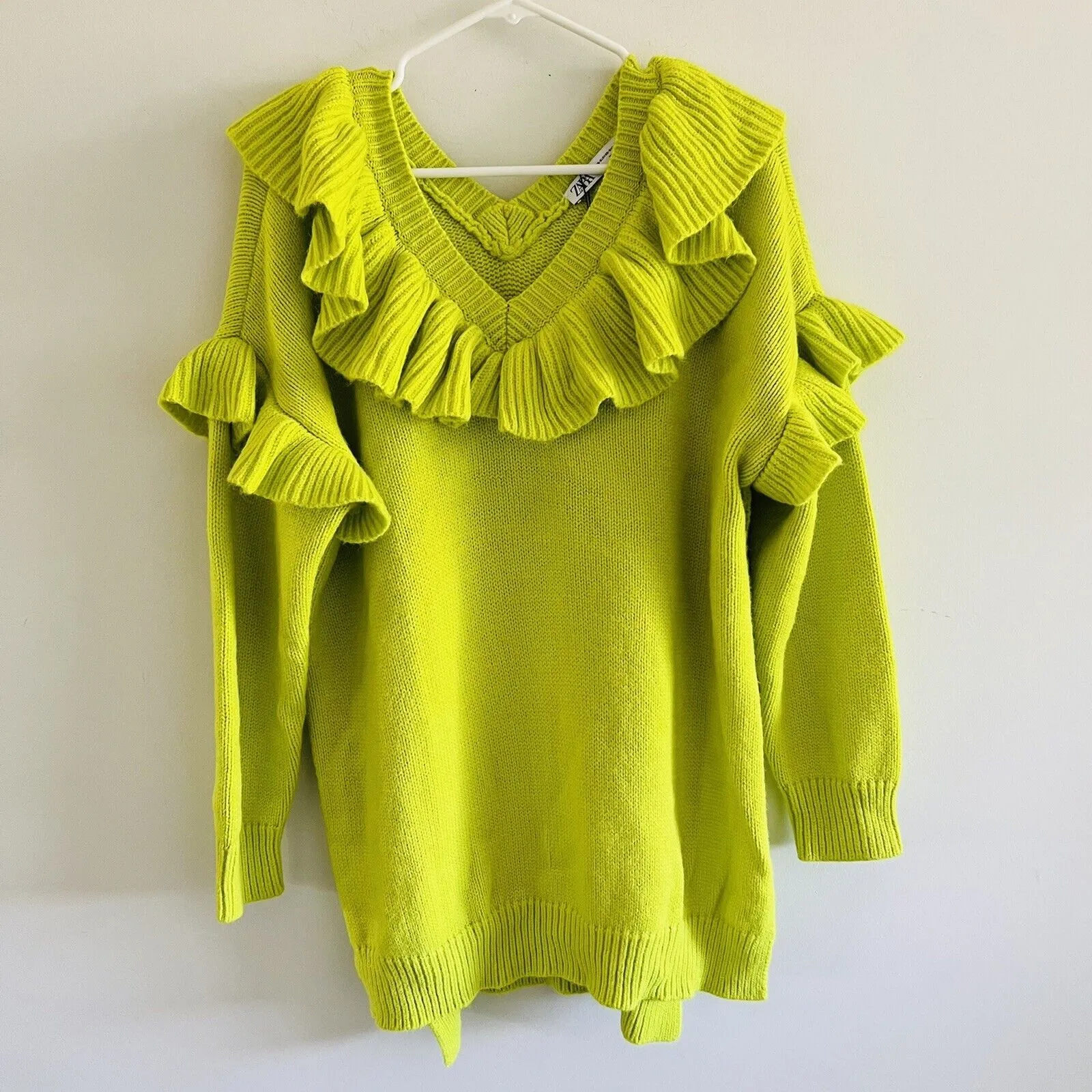 ZARA Florescent Lime Ruffled Knit Sweater - XS-S - Image 2