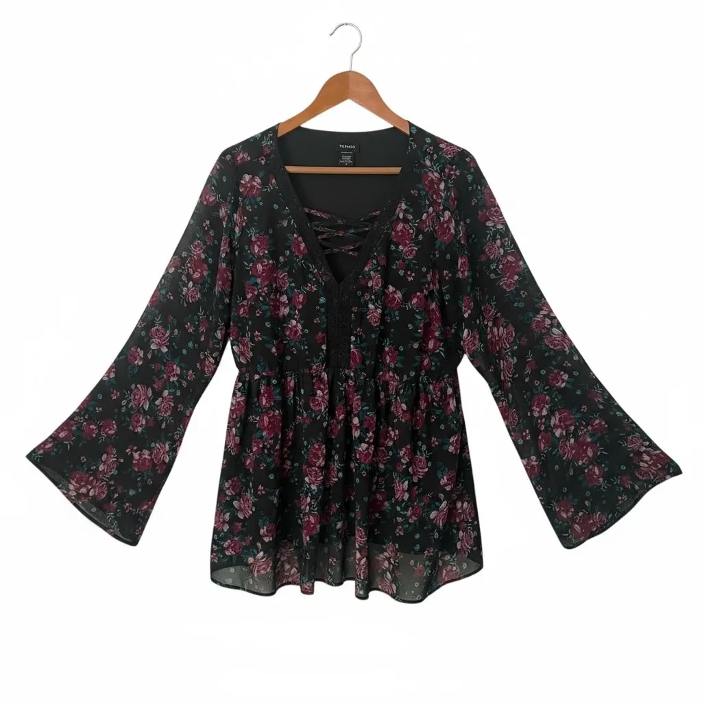 Torrid‎ 1 Dark Floral Whimsigoth Chiffon Lace Up Top Size 1X Flare Sleeve Black - Image 2