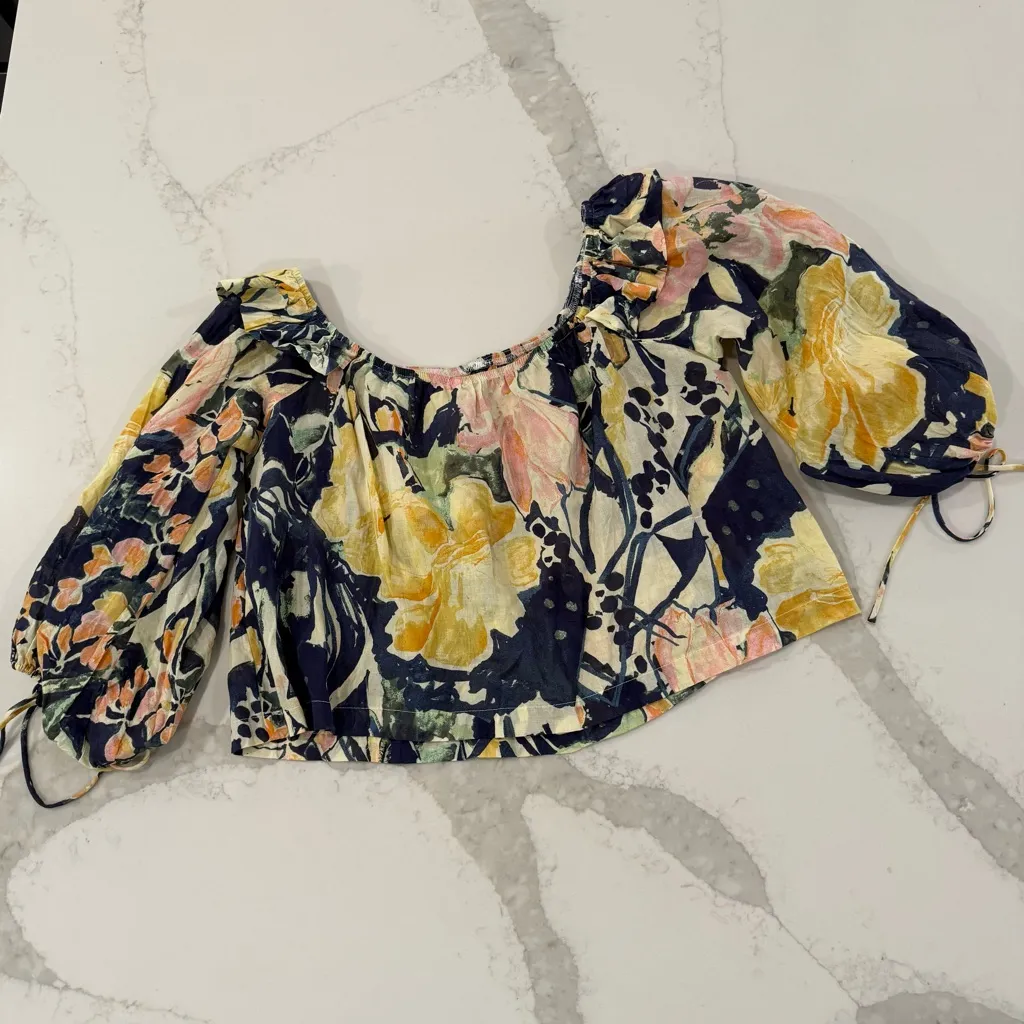 Free People Floral Puff Sleeve Off Shoulder Crop Top Women’s Small Blue/Yellow - Image 6