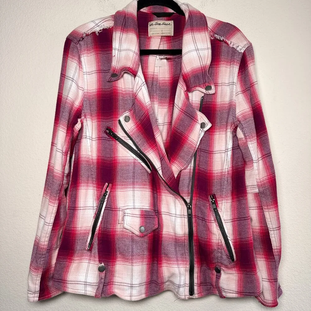 We The Free Stranger Friends Plaid Moto Jacket NWOT Pink Red S - Image 3