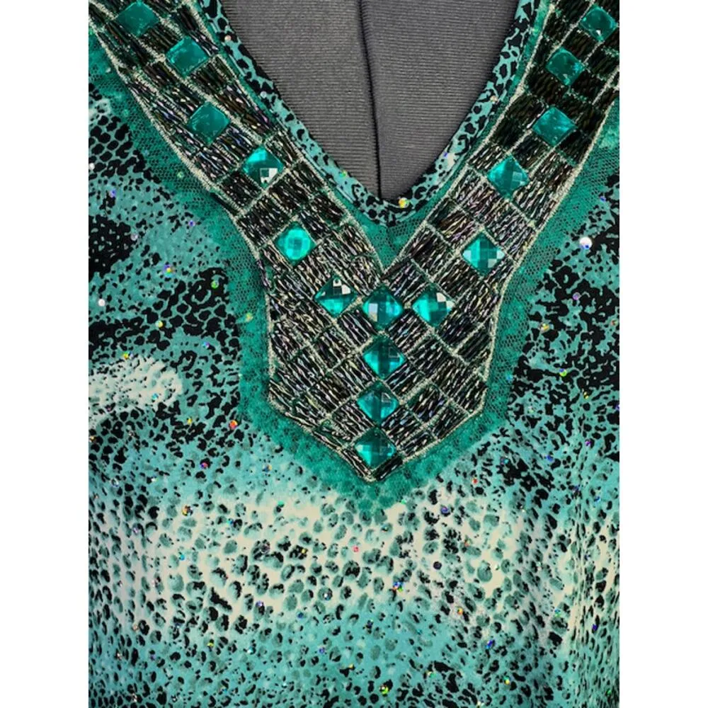 knit top jeweled collared green animal print - Image 2
