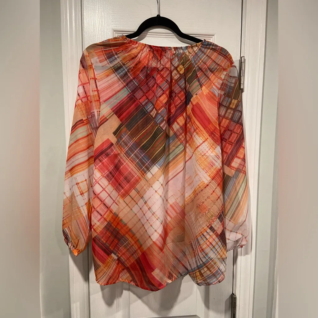 NWOT Serengeti Size L Colorful Sheer Mixed Plaid Long Sleeve Flowy Peasant Top Blue Size L - Image 8