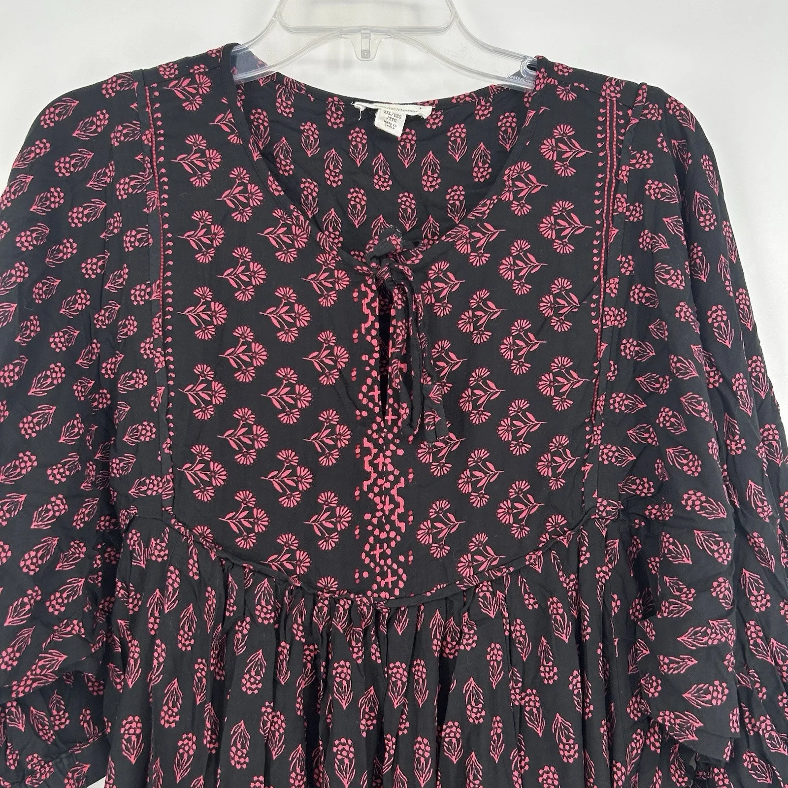 Beach Lunch Lounge Boho Peasant Dress Black Pink Floral Balloon Sleeves Size XXL - Image 2