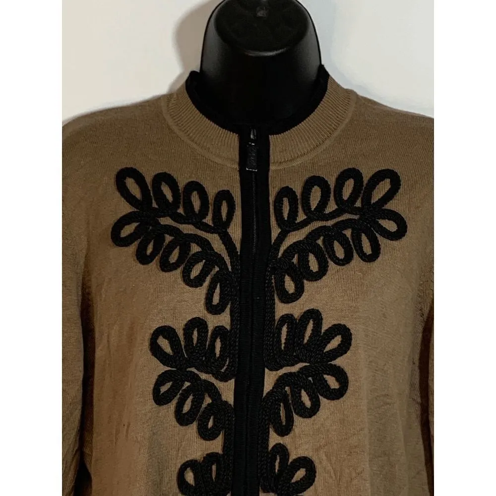 Bob Mackie Womens Jacket Full Zip Embellished Floral Knitted Brown XL - Image 4