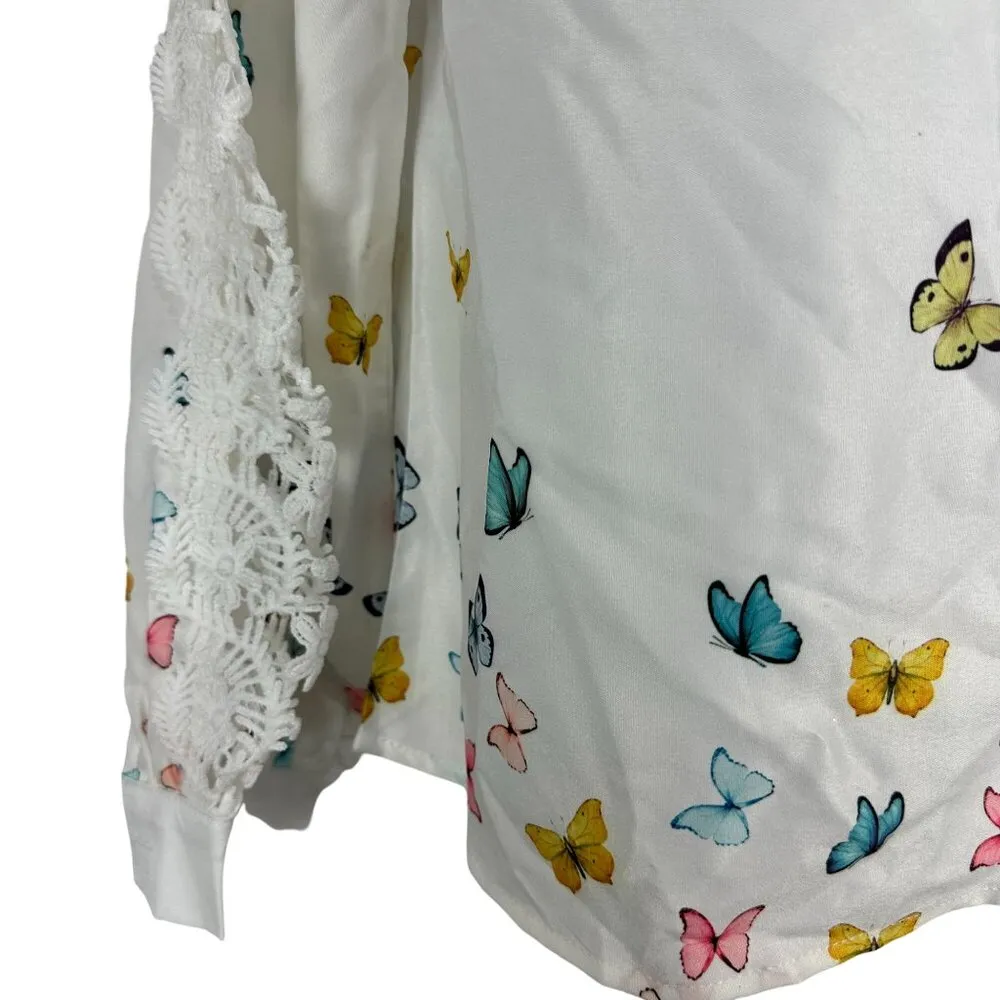 ChicMe Womens White Long-Sleeve Top With Multicolor Butterfly Print & Lace - Image 2