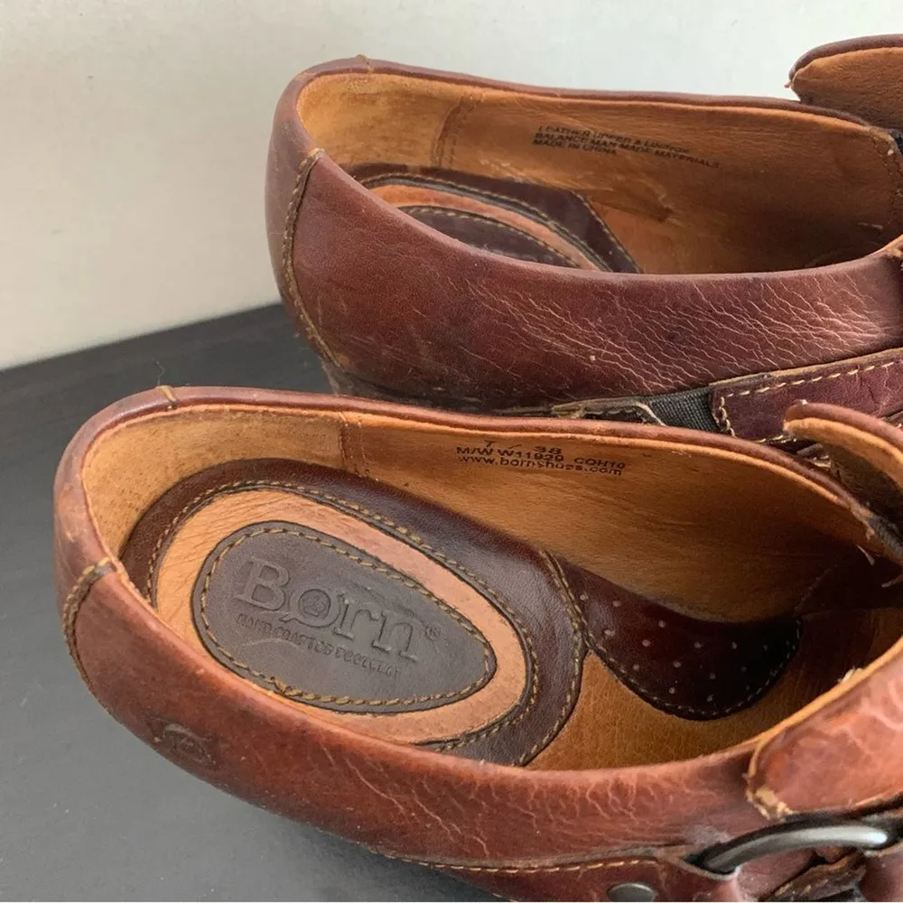 Born Leather Brown Chunky Stacked Harness Heels Size 7 - Image 75