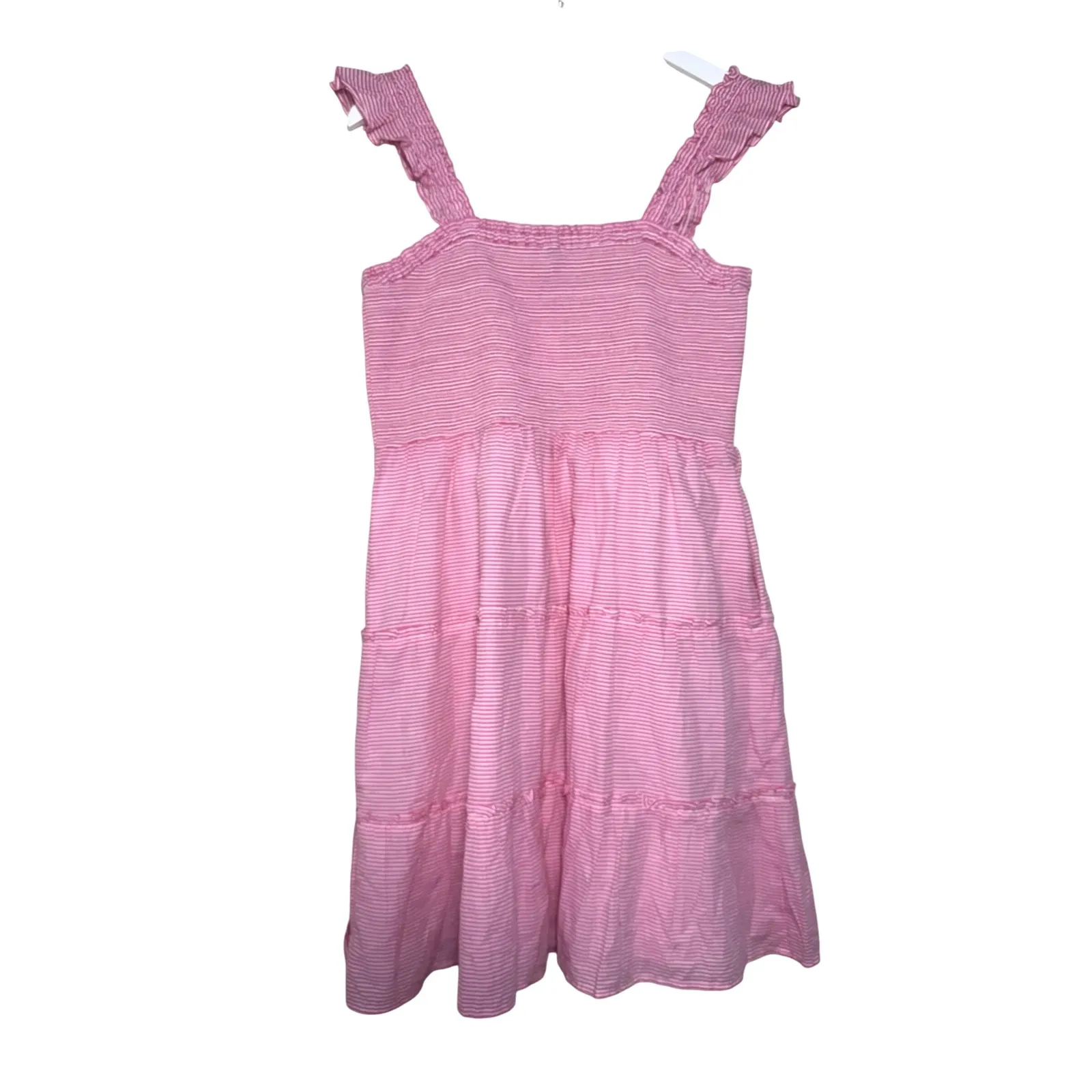 J Crew Striped Smocked Tiered Mini Dress Womens‎ Large Ruffle Strap Striped Pink - Image 3