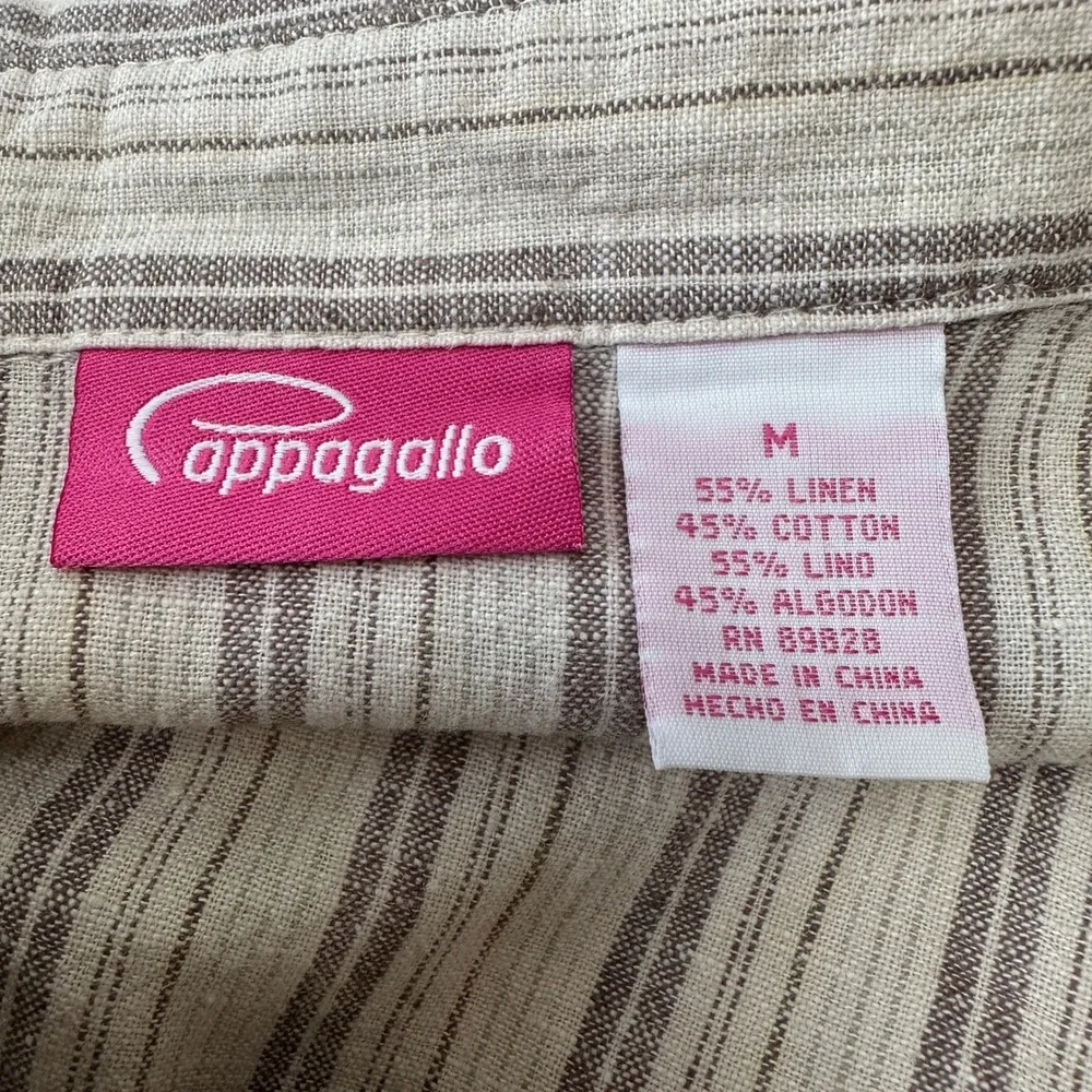 Cappagallo Linen Blend Button Down Shirt Striped Embroidered Short Sleeve Medium Tan - Image 5