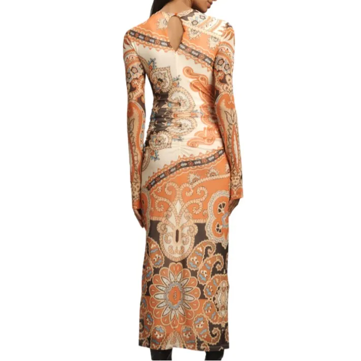 Farm Rio Long-Sleeve Mock-Neck Mesh Slim Midi Dress - Orange Bandana XS - Image 4