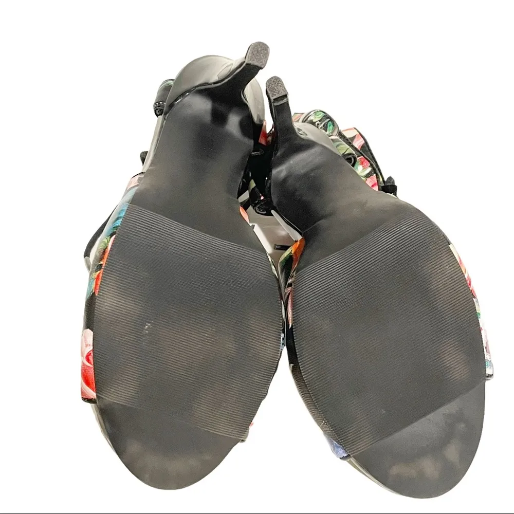 Just Fab Size 7 Black Floral Lace Up Open Toe Heels Shoes - Image 6