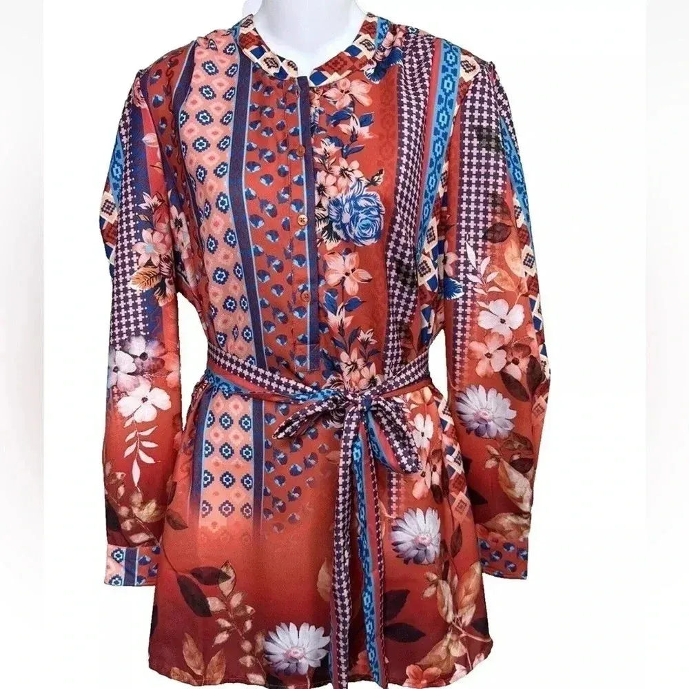 Tolani Collection Long-Sleeve Tunic Blouse with Tie Rust Bohemian Floral Size XS - Image 9